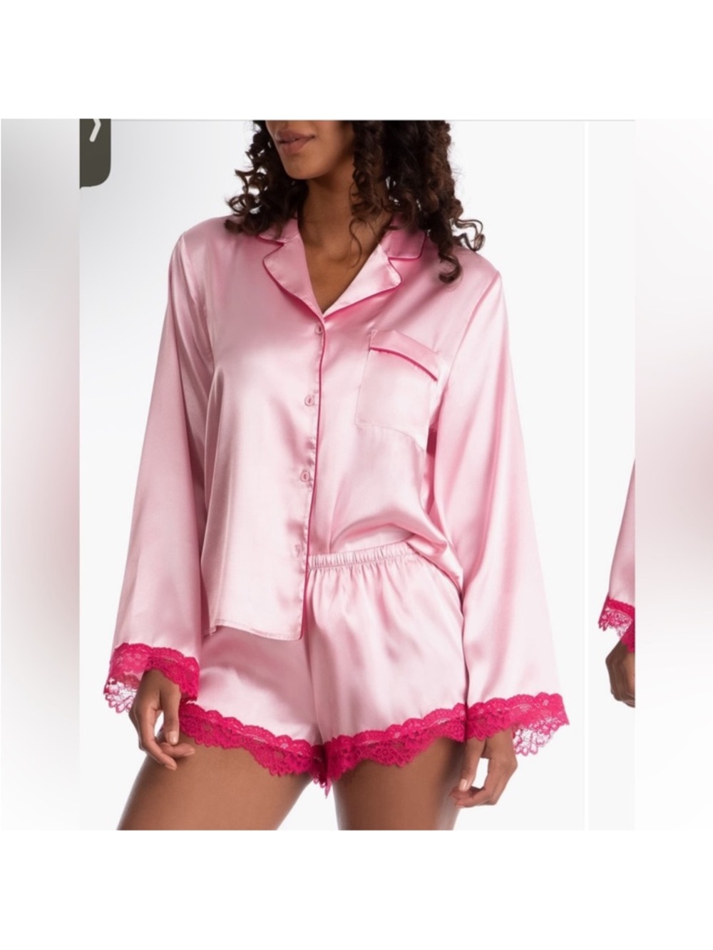 Women's Pink Satin Sleep Set with Hot Pink Lace Trim